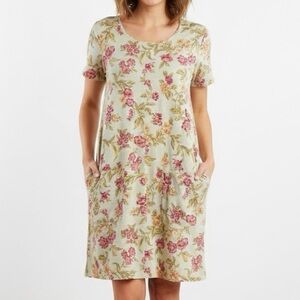 Erika Vintage 90s Green Floral Linen Front Pockets Mini Shirt Dress Small